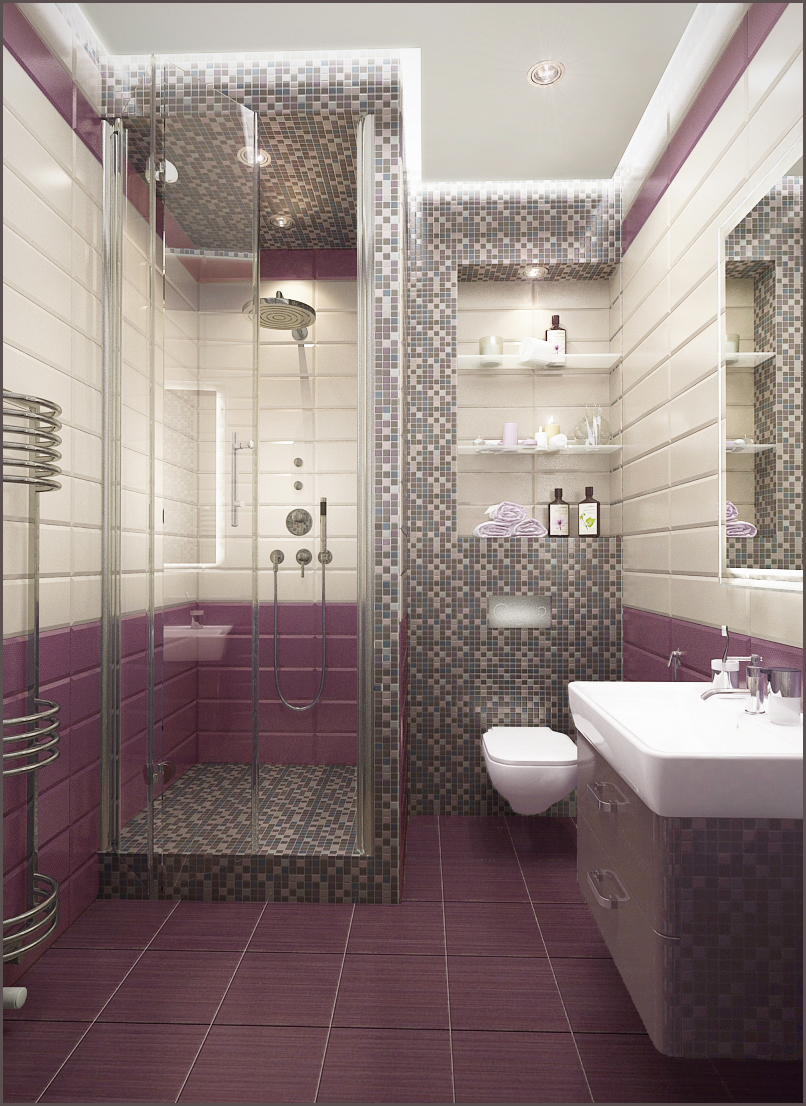 Vai arī izveidot flīžu izkārtojumu vannas istabā ar vienu krāsu, bet izveidojiet to   spilgts akcents   uz vienas no sienām (kontrastējošas krāsas sloksnes vai spilgta paneļa veidā)
